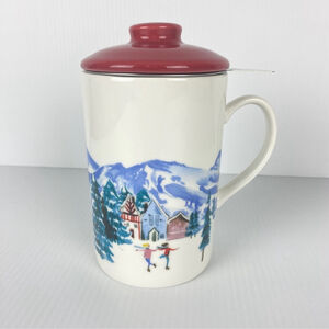 Covered Tea Mug with Strainer 16 Oz Winter Skating Mountain Scene Porcelain